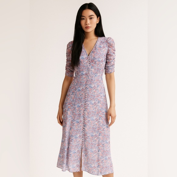 En Saison Lilac Purple V-Neck Floral Midi Dress Cottagecore Feminine Romantic S - Picture 1 of 12